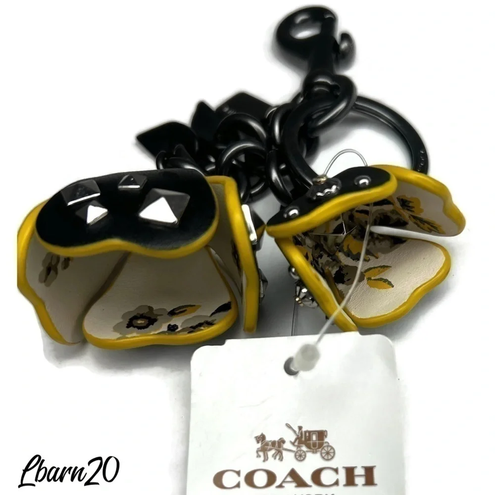 Coach Prairie Black Yellow Tearose Roses Floral Flower Keychain Fob NWT
